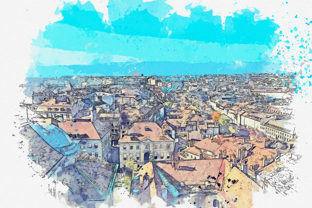 水彩画美丽的街景和建筑在日内瓦，瑞士。图片下载