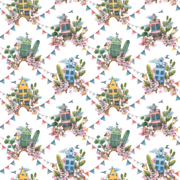 一个可爱的房子，有树，桥，灯笼，鸽子，云和苹果花。水彩插图。弹簧无缝图案来自欧洲house的收藏。面料，壁纸图片下载