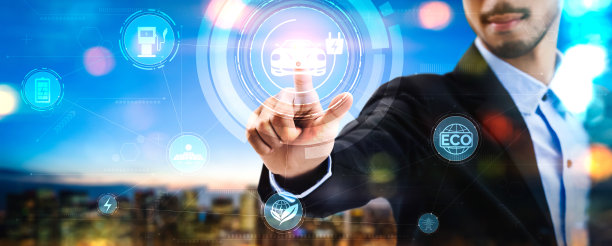 电动汽车虚拟现实概念，电动汽车充电站提供绿色能源和可持续来源的生态电力，供应给充电站，以减少二氧化碳排放。图片下载