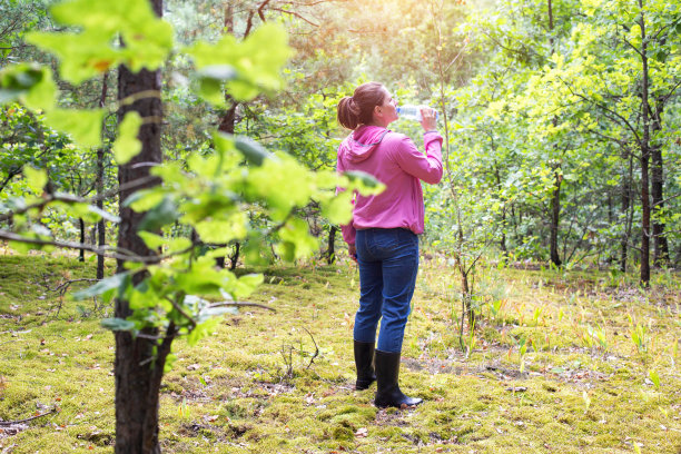 在一个夏日阳光明媚的日子里，女孩在森林里喝水。在森林中生存，身体脱水。图片下载