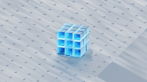 照片三维插图蓝色透明霓虹灯立方体光方块在单色背景图案几何背景图片下载