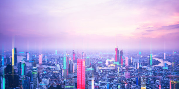 数字城市与科技为新时代未来投资和商业在赛博朋克主题色彩图片下载