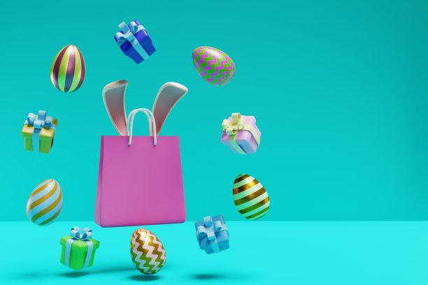 复活节销售。包与兔子耳朵周围的鸡蛋和礼物，蓝绿色背景。三维渲染图片下载