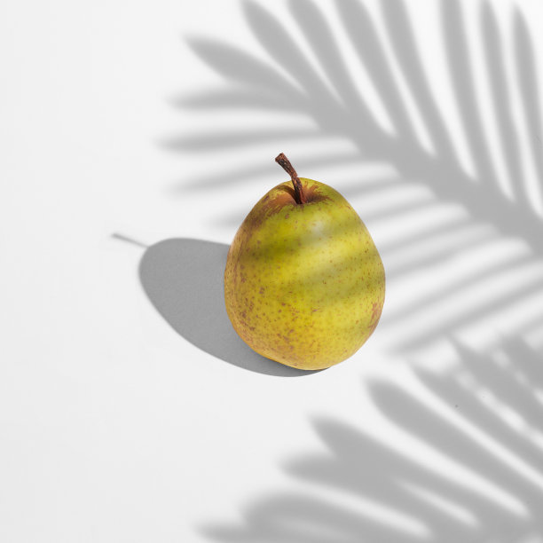梨，灰色背景，锐利的阴影，棕榈叶阴影在梨上，春天的概念图片下载