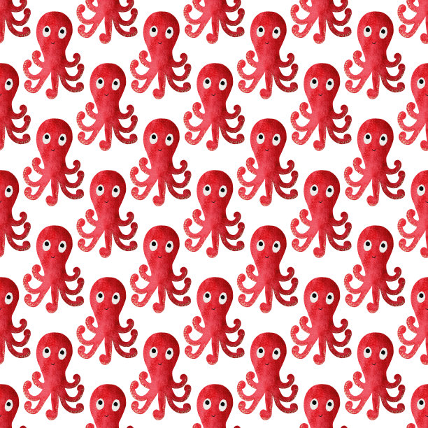 水彩无缝图案与红色可爱的卡通章鱼图片下载