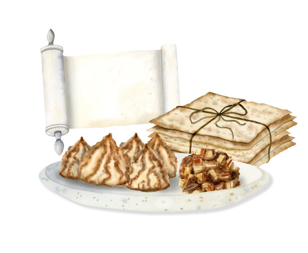 逾越节犹太糕点、麦札饼、椰子饼和哈罗塞特果泥水彩画图片下载