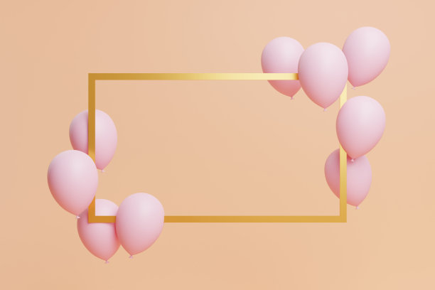 粉色粉彩气球和金色框架漂浮在桃色背景图片下载
