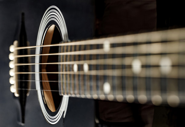 吉他黑色，抛光光滑音板，拉伸的弦，颈部的微动，特写选择性聚焦图片下载