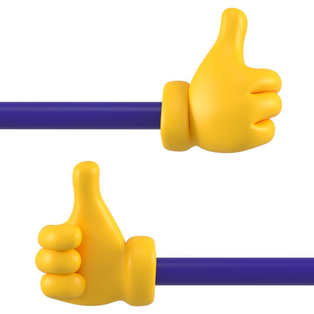 黄色表情的手表示大拇指朝上或类似孤立的手势。设置不同的手势图标，符号，信号和标志。三维渲染图片下载