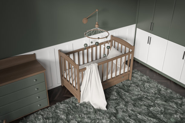 俯视图在黑暗的婴儿房与儿童床，衣柜图片下载