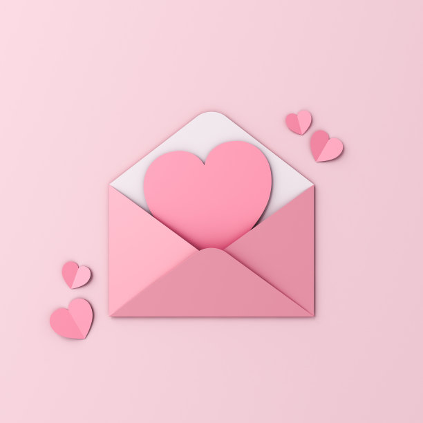 创意情书概念空白粉红色心形纸卡在粉红色信封和粉红色折纸心孤立在浅粉色粉彩背景最小的概念3D渲染图片下载