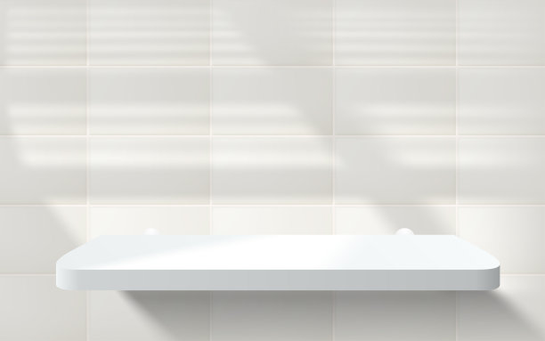 三维浴室或厨房房间瓷砖墙与现实的白色讲台或丙烯酸产品货架。矢量米色瓷砖墙背景模型显示。最小的舞台展示场景。现实的影子图片下载