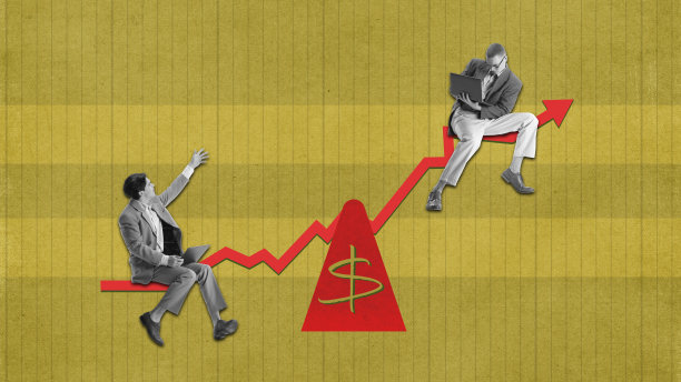 当代艺术拼贴。概念设计。制定财务战略。员工坐在公司图表上，创建分析。金融增长之路图片下载