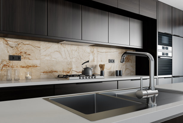 现代极简主义厨房与长岛。聚焦后溅。图片下载