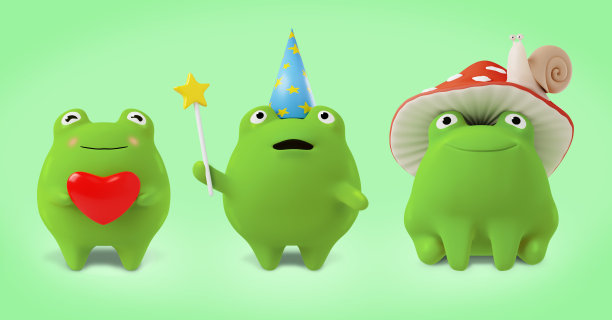 一组绿色可爱的青蛙手里拿着各种各样的东西。三维渲染图片下载