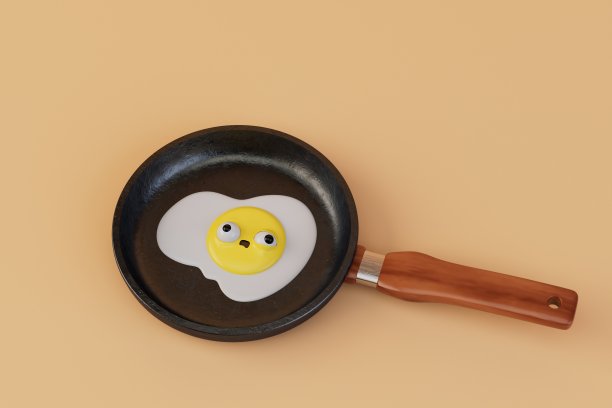 做早餐的概念。在平底锅里炒鸡蛋，背景是粉彩。三维渲染图片下载