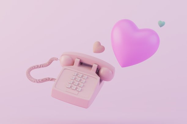 在电话里表白。一款老式手机，粉彩背景上的心形会飞出来。三维渲染图片下载