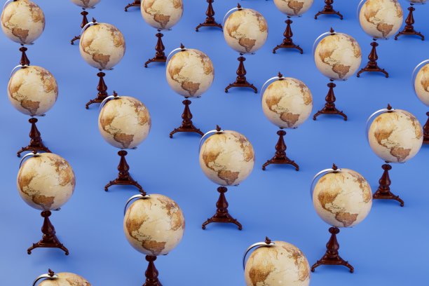 抽象的背景由蓝色背景上带有手柄的球体组成。三维渲染图片下载