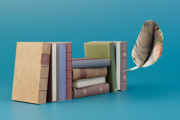 写书的概念。绿松石背景上有几本书和一支笔。三维渲染图片下载