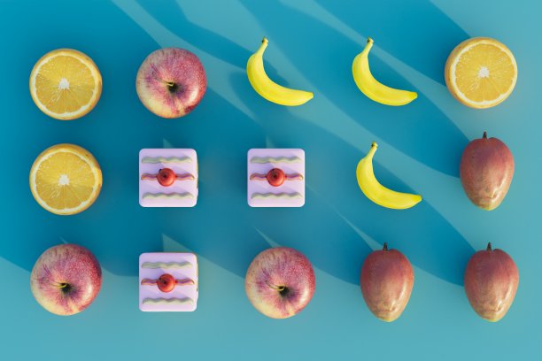 抽象背景由蓝色背景上的橙色、苹果、香蕉、芒果和蛋糕图案组成。三维渲染图片下载