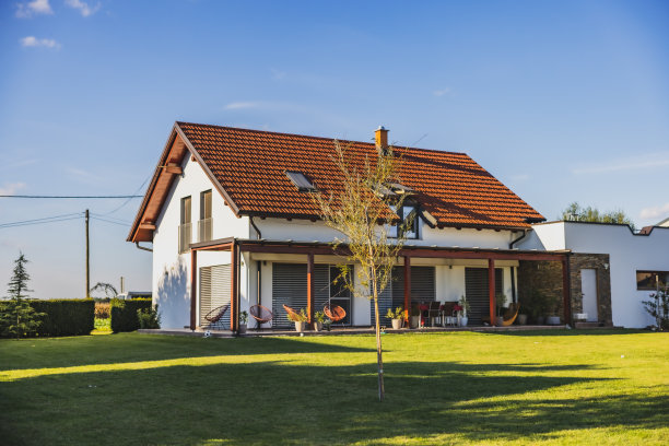 现代的房子，在乡村有露台，大后院，前面有小树，背景是晴朗的天空图片下载