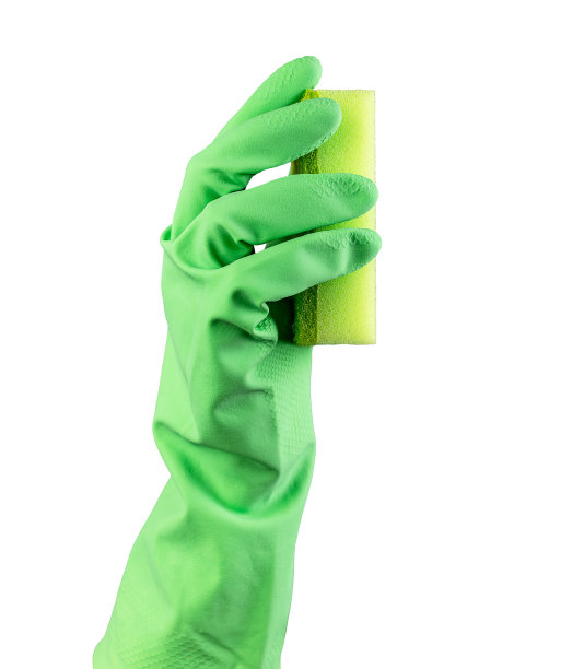 手在手套握洗清洁海绵，侧视图，隔离在白色背景图片下载