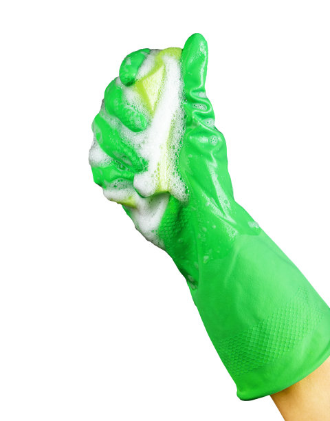 手在绿色橡胶手套中挤压带有化学泡沫的洗涤海绵，白色背景上隔离洗涤剂肥皂图片下载