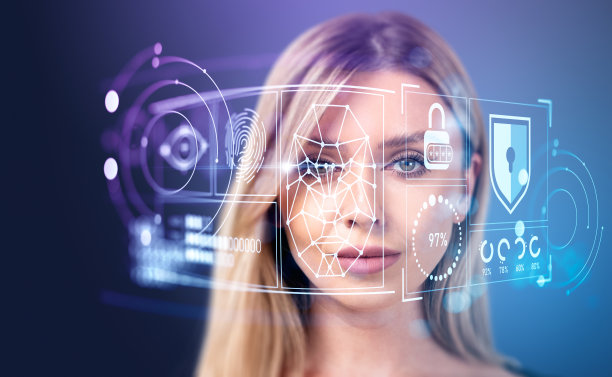 女商人和人脸识别全息图，生物识别扫描和安全图片下载