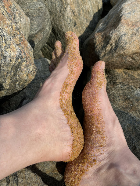 图片上无法辨认的人的沙滩脚在海边的岩石，脚趾覆盖在金色的沙子，海岸线岩石，高架视图，重点在前景图片下载