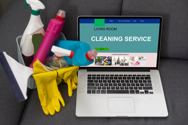 一个装着清洁剂的篮子，一台带有清洁应用程序的笔记本电脑图片下载