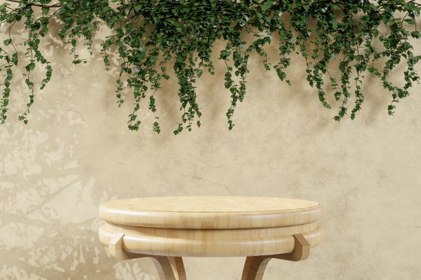 自然的背景，地板上的木制桌子讲台，背景棕色水泥墙和常春藤树，用于产品展示广告，化妆品，护肤品等图片下载