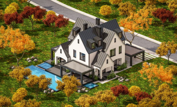 三维渲染的白色和黑色现代都铎房屋在秋天的一天图片下载