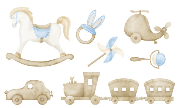 婴儿木制玩具水彩设置在可爱的粉彩蓝色和米色。手绘插图与复古摇摆马和火车。为新生儿沐浴会或生日派对绘制汽车和直升机图片下载