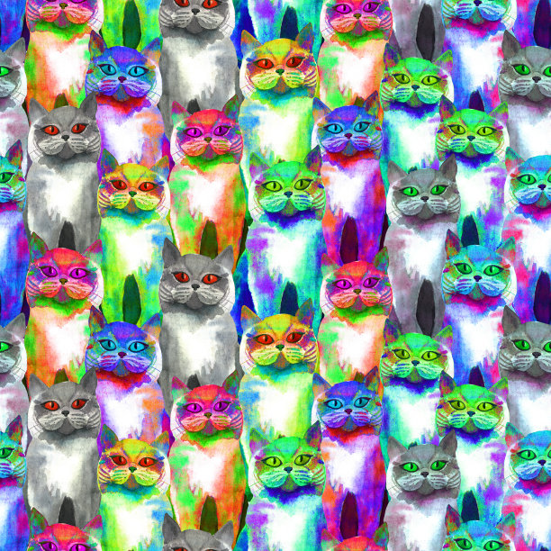 五颜六色的夏日猫，水彩无缝图案。图片下载