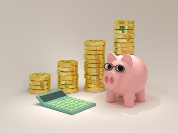 3D渲染，存钱罐，电子计算器和成堆的金币图片下载