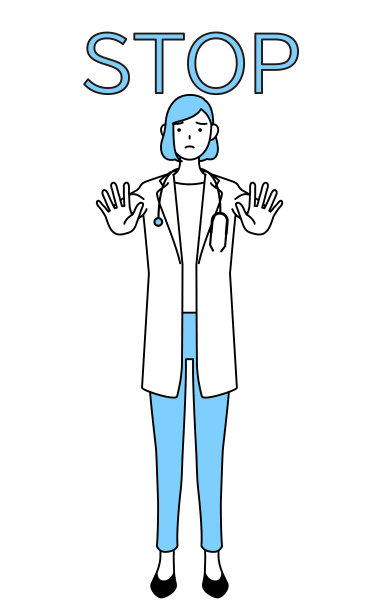 一名穿着白大褂的女医生把手放在身体前面，示意停止。图片下载