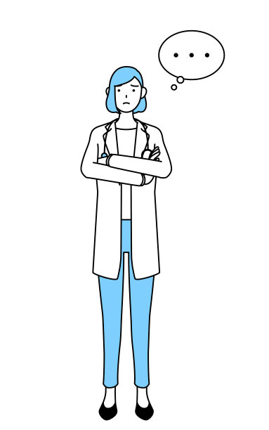 一个穿白大褂的女医生，双臂交叉，思考着。图片下载