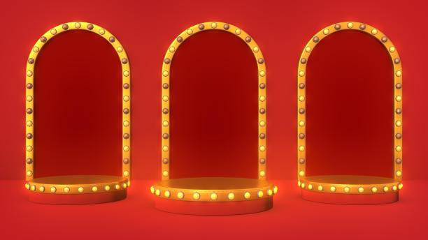 红色舞台领奖台灯光现场奖。三维渲染图片下载