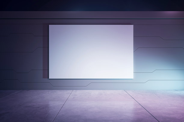 正面视图空白白色海报上的空间为您的标志或文字在黑暗照明的墙壁背景与锯齿线以上紫色阴影有光泽的地板。3D渲染，模拟图片下载
