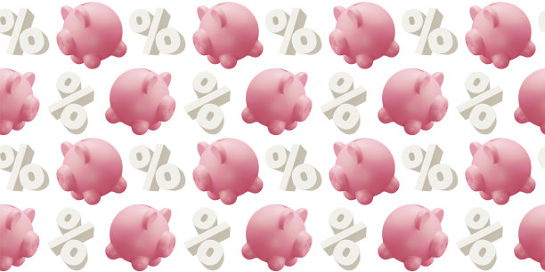 3d无缝模式的粉红色储蓄罐和百分比标志在白色背景，时间节省金钱。三维设计图片下载