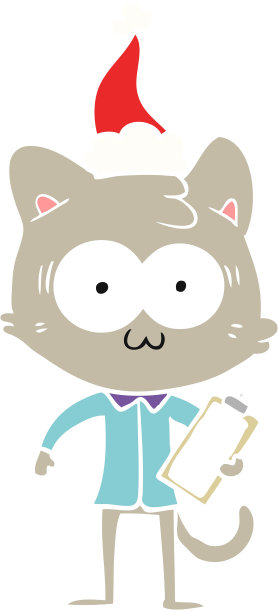 手绘平面彩色插图的惊奇办公室职员猫戴着圣诞老人的帽子图片下载