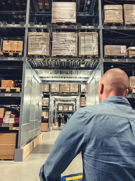 后视图的一个年轻男子与购物车在一个仓库。图片下载