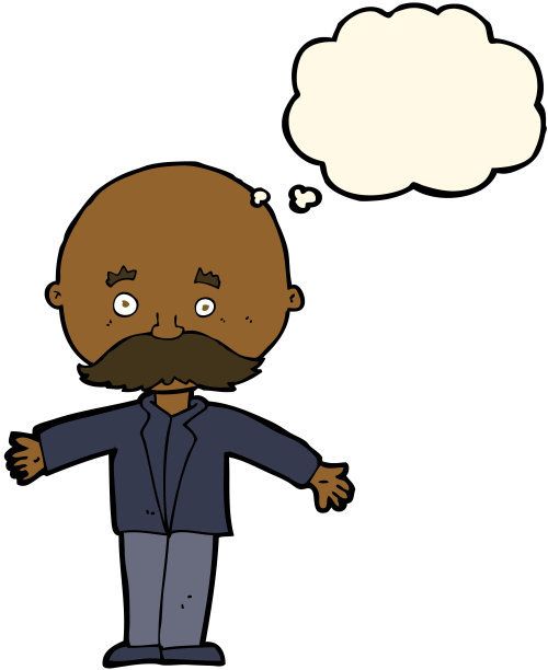 卡通光头男子张开双臂与思想泡泡图片下载