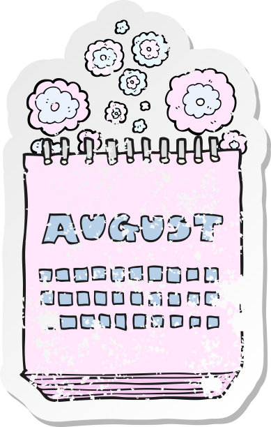复古心疼贴纸的卡通日历显示八月图片下载