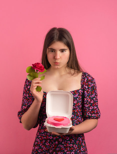 困惑的女孩便当蛋糕和粉红色背景上的花图片下载