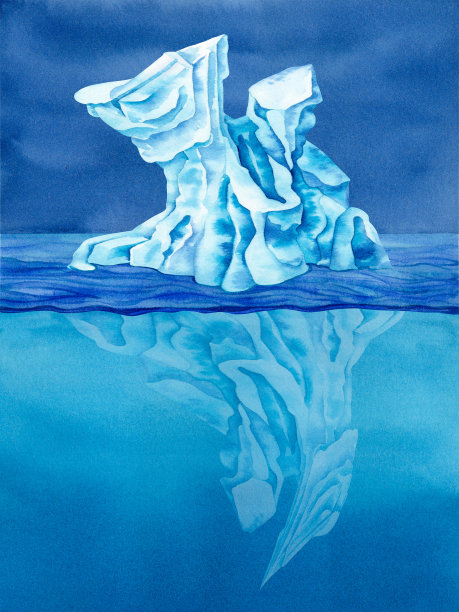 水彩画的神奇冰山在海蓝色的大海与深蓝色的天空与它的水下部分。图片下载