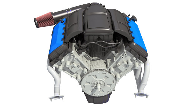 V8汽车引擎在白色背景上的3D渲染图片下载