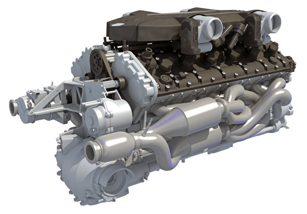 V12汽车引擎与自动变速箱三维渲染在白色背景图片下载