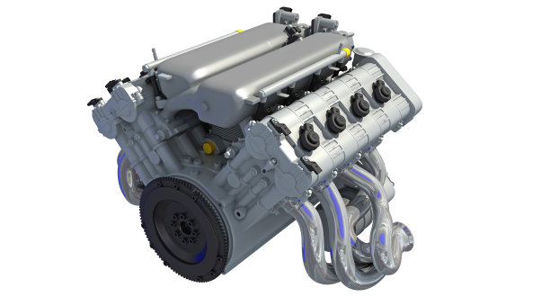 V8汽车引擎在白色背景上的3D渲染图片下载