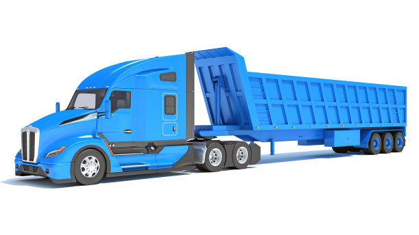 重型卡车与翻斗拖车3D渲染在白色背景图片下载